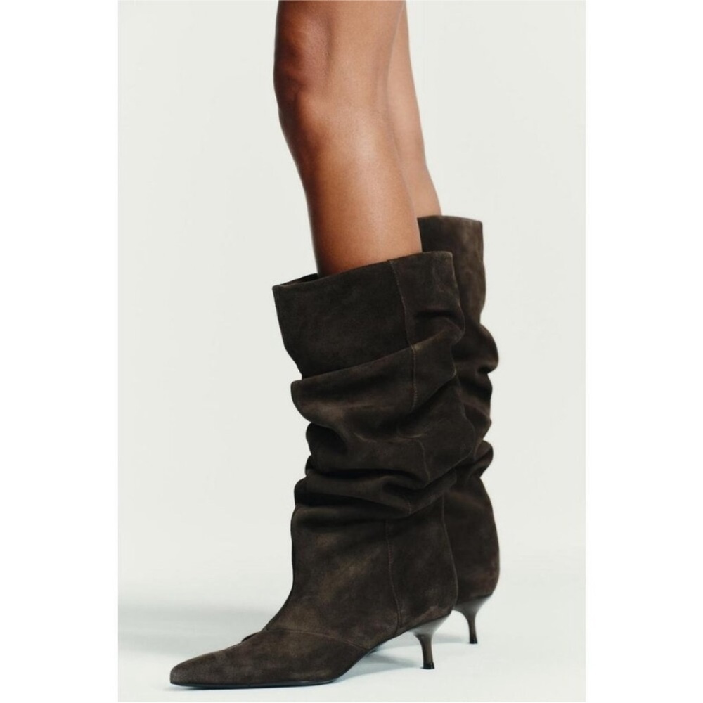 Zara Chocolate Brown Split Suede Slouchy Heeled Boots Size 8 NWT - Picture 2 of 10